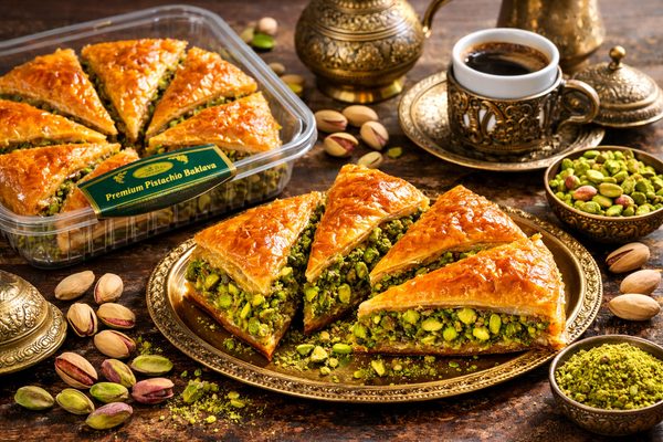 Havuç dilimi carrot slice pistachio baklava — large wedge pieces with abundant pistachio for premium export