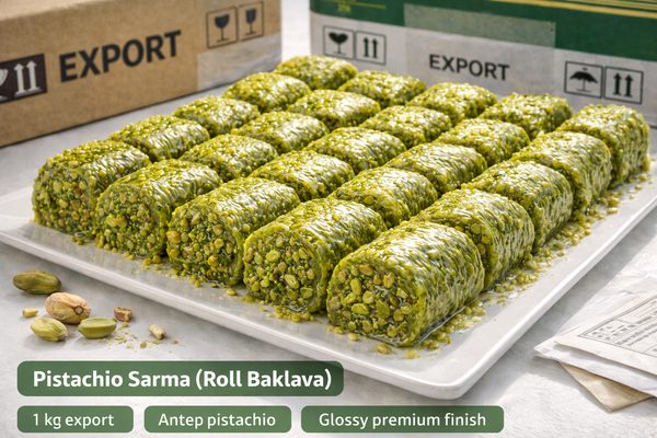 Pistachio sarma roll baklava — premium rolled baklava for wholesale export
